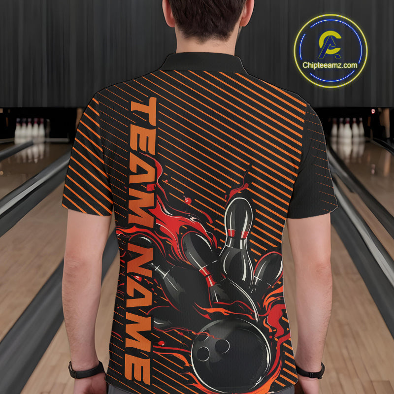 Custom Red Orange Flame Bowling Polo Shirts For Men, Bowling Tournament Team Shirt IPHW9403