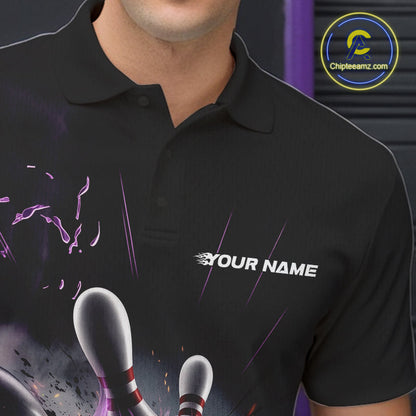 Custom Galaxy Purple Flame Bowling Polo Shirt For Men, Bowling League Team Uniform IPHW9567