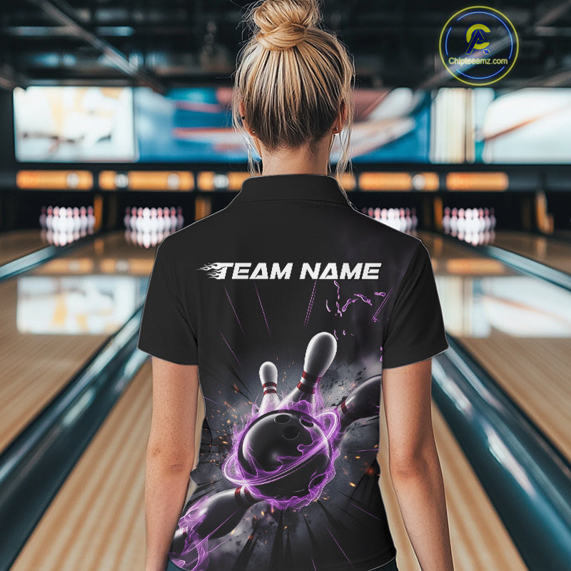 Custom Galaxy Purple Flame Bowling Polo Shirt For Women, Bowling League Team Uniform IPHW9567