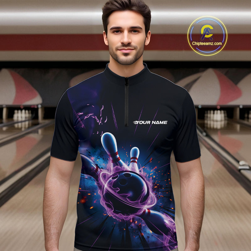 Custom Galaxy Blue And Purple Flame Bowling Men Quarter-Zip Shirt , Bowling League Team Uniform IPHW9568
