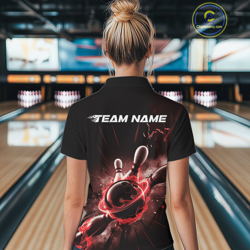 Custom Galaxy Red Flame Bowling Polo Shirt For Women, Bowling League Team Uniform IPHW9569