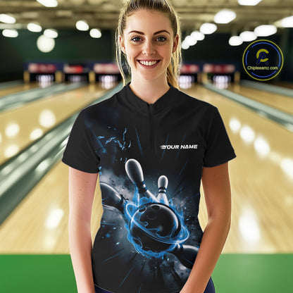 Custom Galaxy Blue Flame Bowling Quarter-Zip Shirt For Women, Bowling League Team Uniform IPHW9570