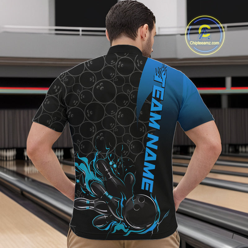 Custom Bowling Pattern Blue Flame Strike Bowling Team Men Quarter-Zip Shirts, Bowling Jerseys IPHW9416