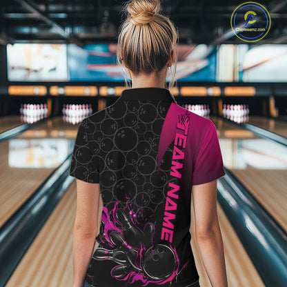 Custom Bowling Pattern Pink Flame Strike Bowling Team Women Quarter-Zip Shirts IPHW9417