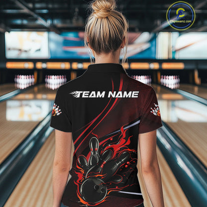 Custom Black And Red Fire Flame Bowling Team Women Quarter-Zip Shirts, Bowling Jerseys IPHW9418