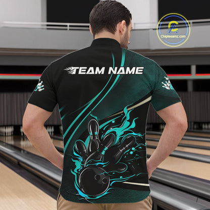 Custom Black And Blue Fire Flame Bowling Team Men Quarter-Zip Shirts, Bowling Jerseys IPHW9419