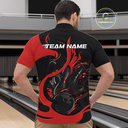 Custom Black And Red Flame Bowling Quarter-Zip Shirts For Men, Bowling Tournament Team Uniform IPHW9245
