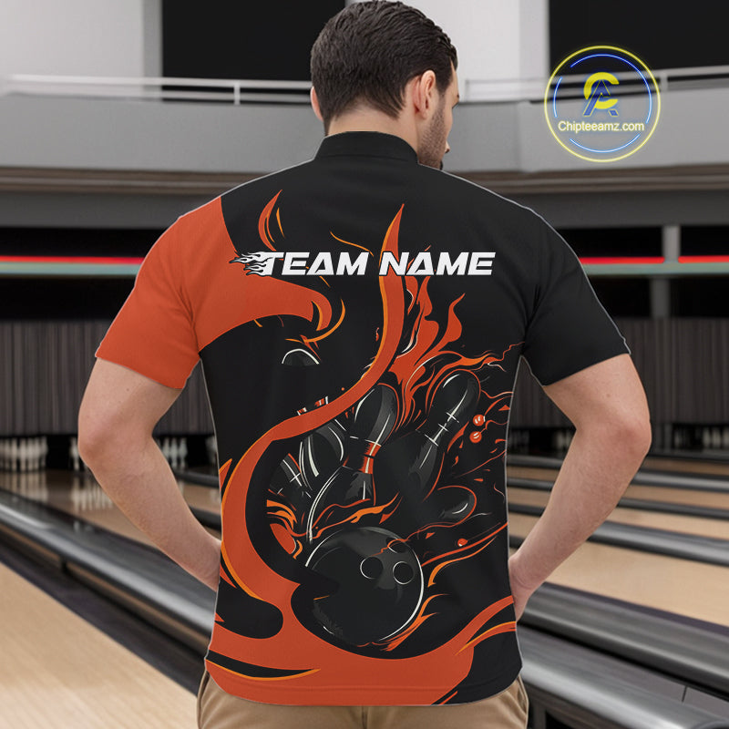 Custom Black And Orange Flame Bowling Quarter-Zip Shirts For Men, Bowling Tournament Team Uniform IPHW9246