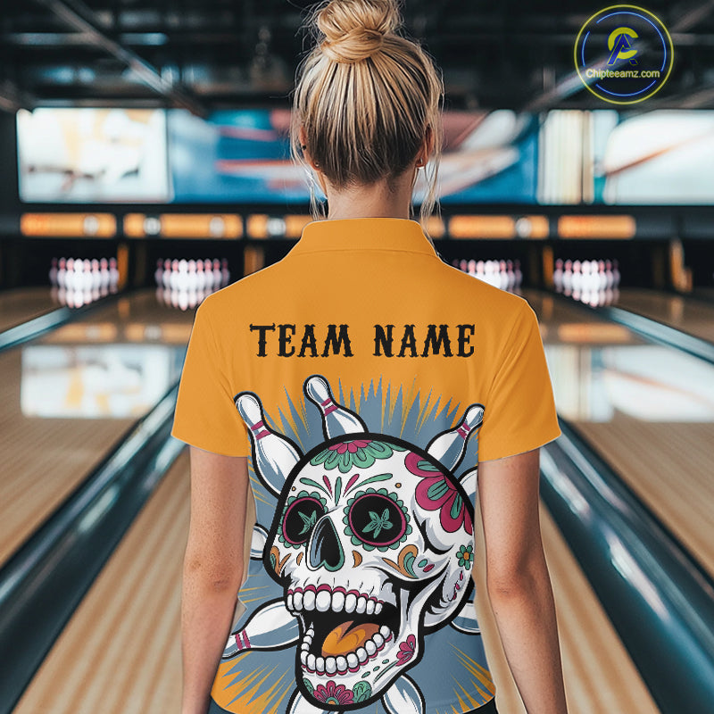 Custom Sugar Skull Bowling Women Quarter-Zip Shirt, Halloween Bowling Team Outfit IPHW9253