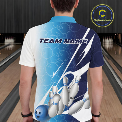 Custom Blue Bowling Pattern Bowling Team Polo Shirts For Men, Blue Bowling Jerseys IPHW9426