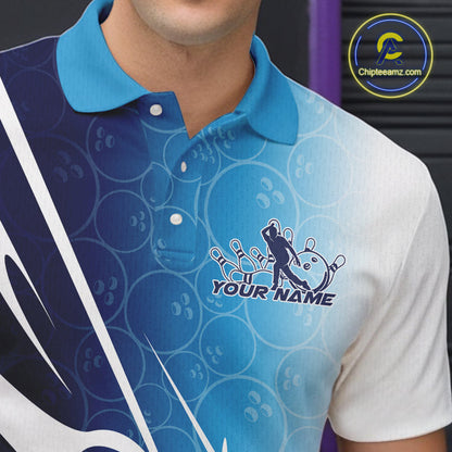 Custom Blue Bowling Pattern Bowling Team Polo Shirts For Men, Blue Bowling Jerseys IPHW9426