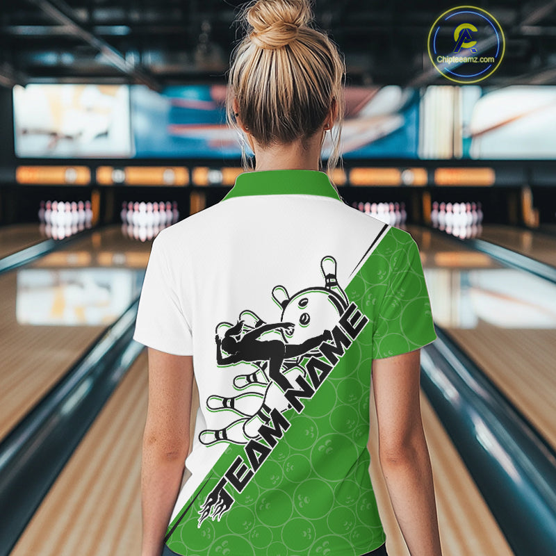 Cusom Green Strike Bowling Team Polo Shirt For Women, Bowling League Shirt Bowlers Outfit IPHW9261