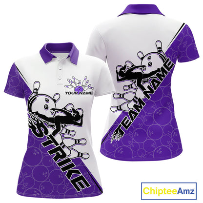 Cusom Purple Strike Bowling Team Women Polo Shirts, Bowling League Shirt Bowlers Outfit IPHW9262