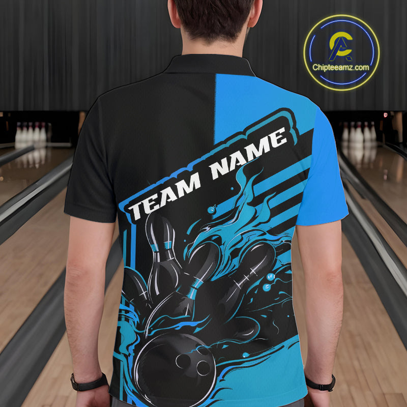 Custom Black And Blue Flame Strike Bowling Polo Shirts For Men, Fire Bowling League Shirt IPHW9268
