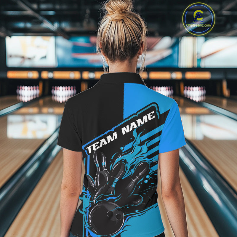 Custom Black And Blue Flame Strike Bowling Polo Shirts For Women, Bowling League Shirt IPHW9268