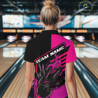 Custom Black And Pink Flame Strike Bowling Women Quarter-Zip Shirt, Bowling League Shirt IPHW9269