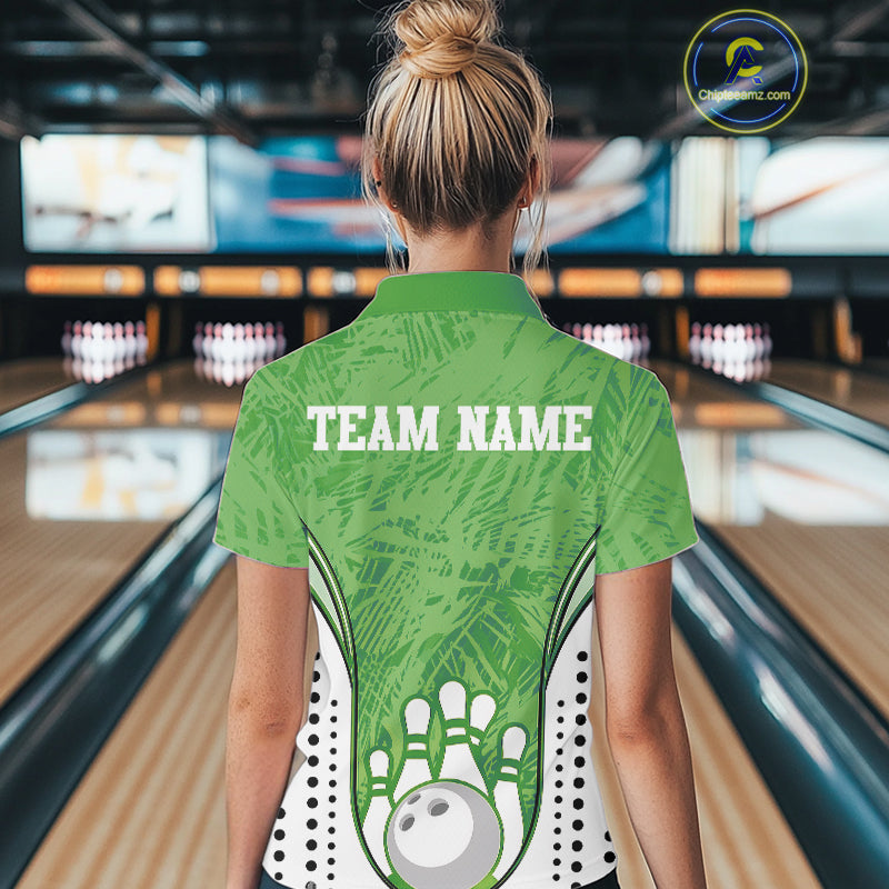 Custom Green Camo Bowling Team Polo Shirts For Women, Bowling Jerseys Bowler Outfit IPHW9597