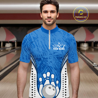 Custom Blue Camo Bowling Team Quarter-Zip Shirts For Men, Bowling Jerseys Bowler Outfit IPHW9598