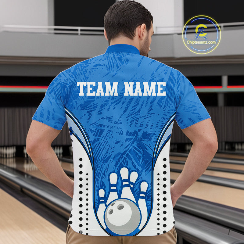 Custom Blue Camo Bowling Team Quarter-Zip Shirts For Men, Bowling Jerseys Bowler Outfit IPHW9598