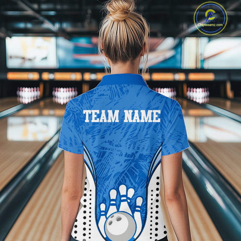 Custom Blue Camo Bowling Team Quarter-Zip Shirts For Women, Bowling Jerseys Bowler Outfit IPHW9598
