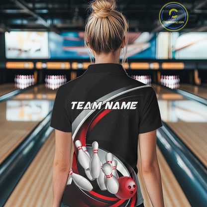 Custom Black And Red Bowling Team Jerseys, Bowler Uniform Bowling Polo Shirts For Women IPHW9276