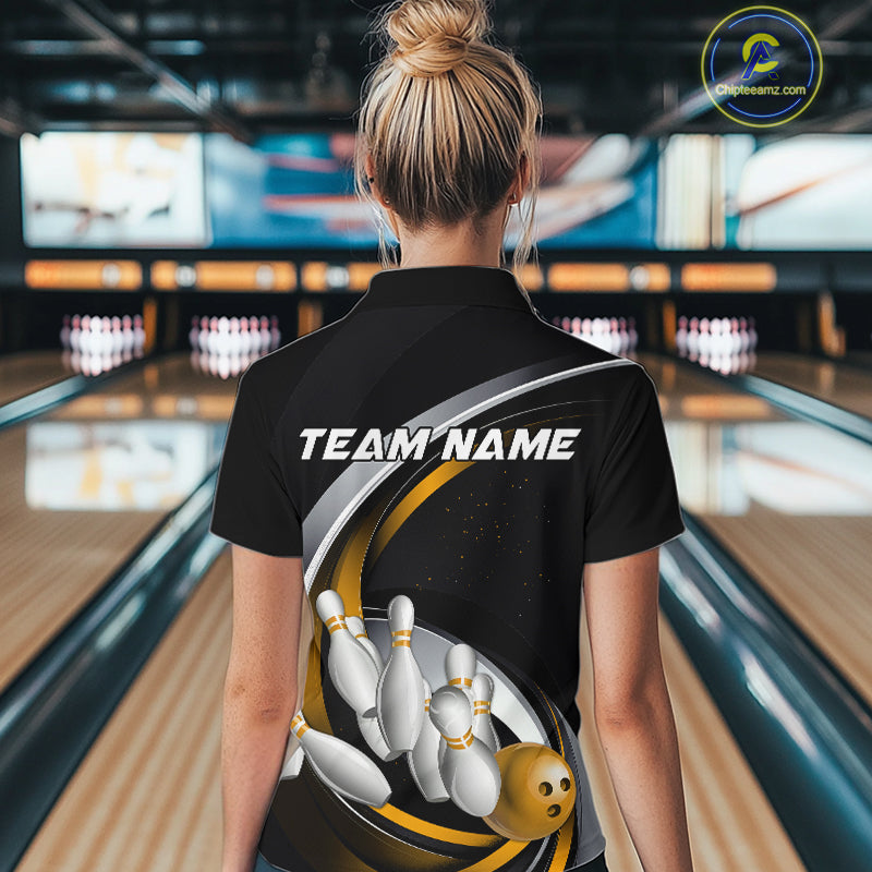 Custom Black Yellow Bowling Team Jerseys, Bowler Uniform Bowling Women Quarter-Zip Shirts IPHW9278