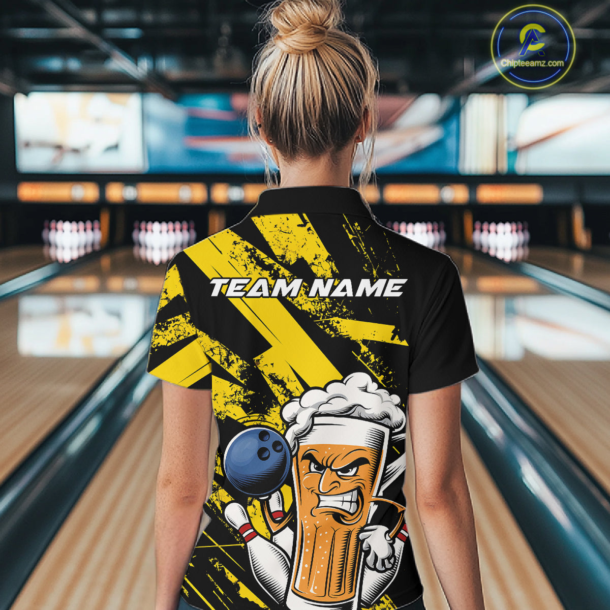 Custom Grunge Yellow Funny Bowling And Beer Women Quarter-Zip Shirt, Bowling Team Uniform IPHW9607