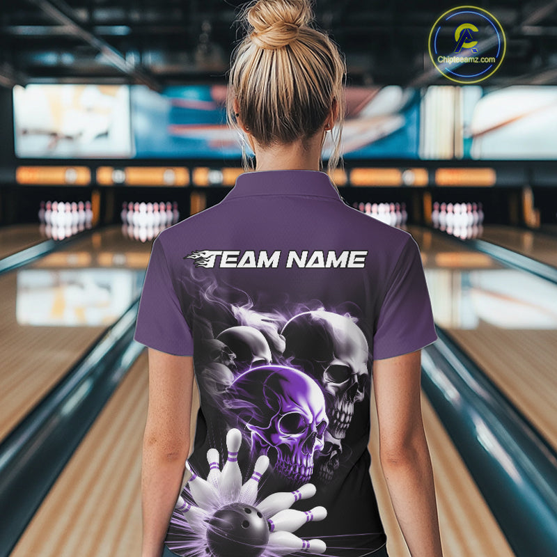 Custom Purple Smoke Skull Bowling Polo Shirts For Women, Ghostly Halloween Bowling Outfit IPHW9521