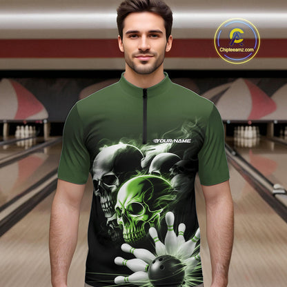 Custom Green Smoke Skull Bowling Quarter-Zip Shirts For Men, Ghostly Halloween Bowling Outfit IPHW9522