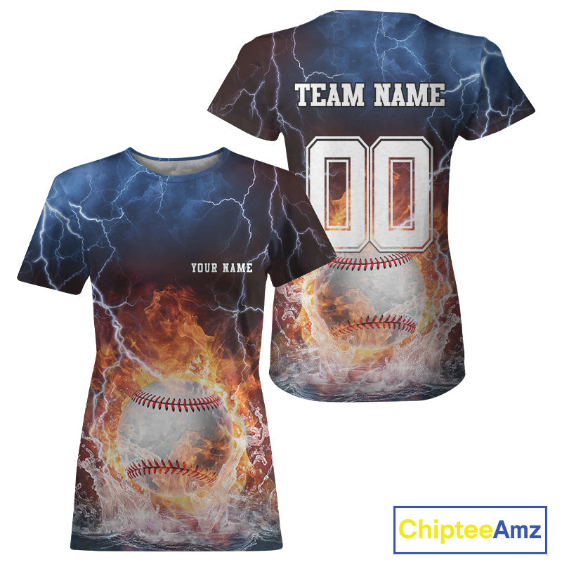 Custom Name And Number Thunder Lightning Flame Baseball Team Women T-Shirts IPHW9584