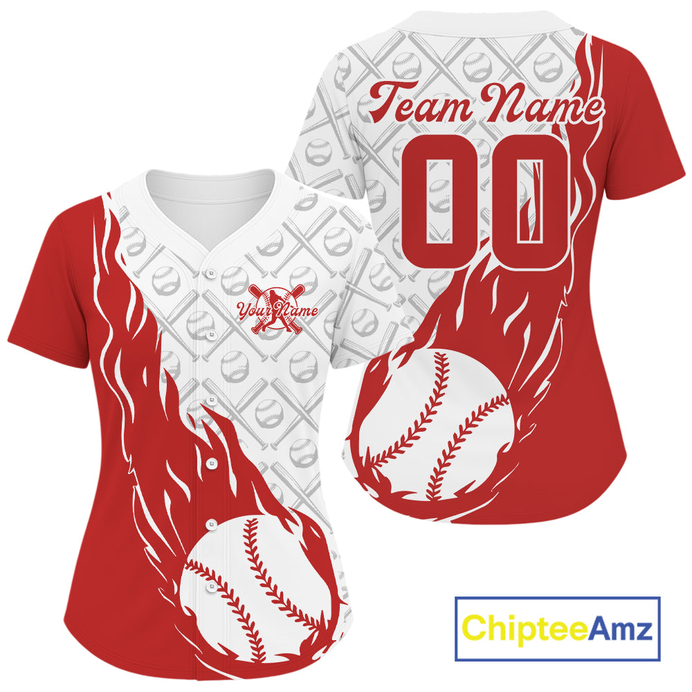 Custom Red Flame Team Baseball Jerseys For Women, Baseball Lovers Team Uniform IPHW9590