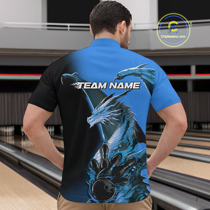 Custom Blue Dragon Flame Bowling Quarter-Zip Shirts For Men, Bowling Tournament Shirt IPHW9331
