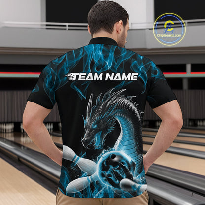 Custom Black And Blue Fire Flame Dragon Bowling Quarter-Zip Shirt For Men, Dragon Bowling Jersey IPHW9822