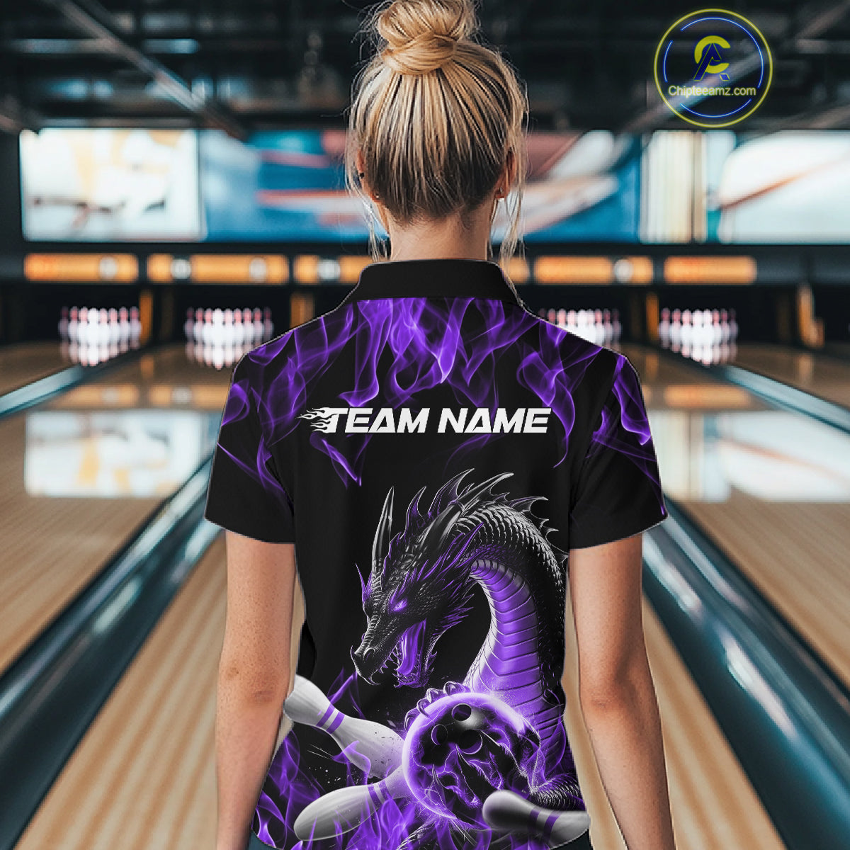 Custom Black And Purple Fire Flame Dragon Bowling Women Polo Shirt, Dragon Bowling Jersey IPHW9823