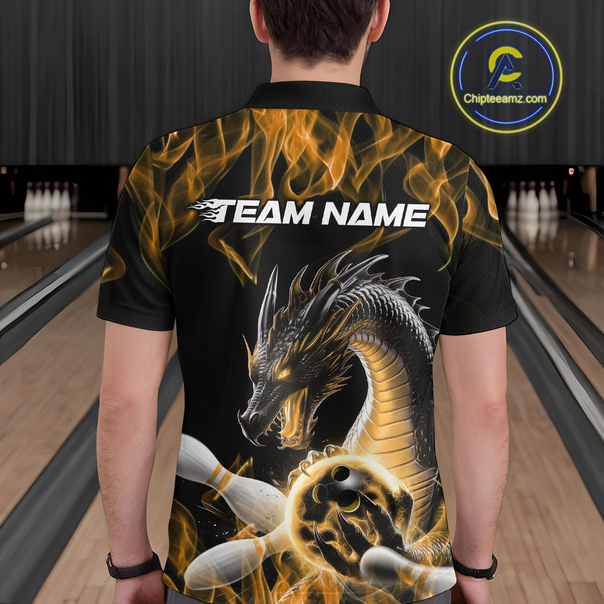 Custom Black And Gold Fire Flame Dragon Bowling Polo Shirt For Men, Dragon Bowling Jersey IPHW9824