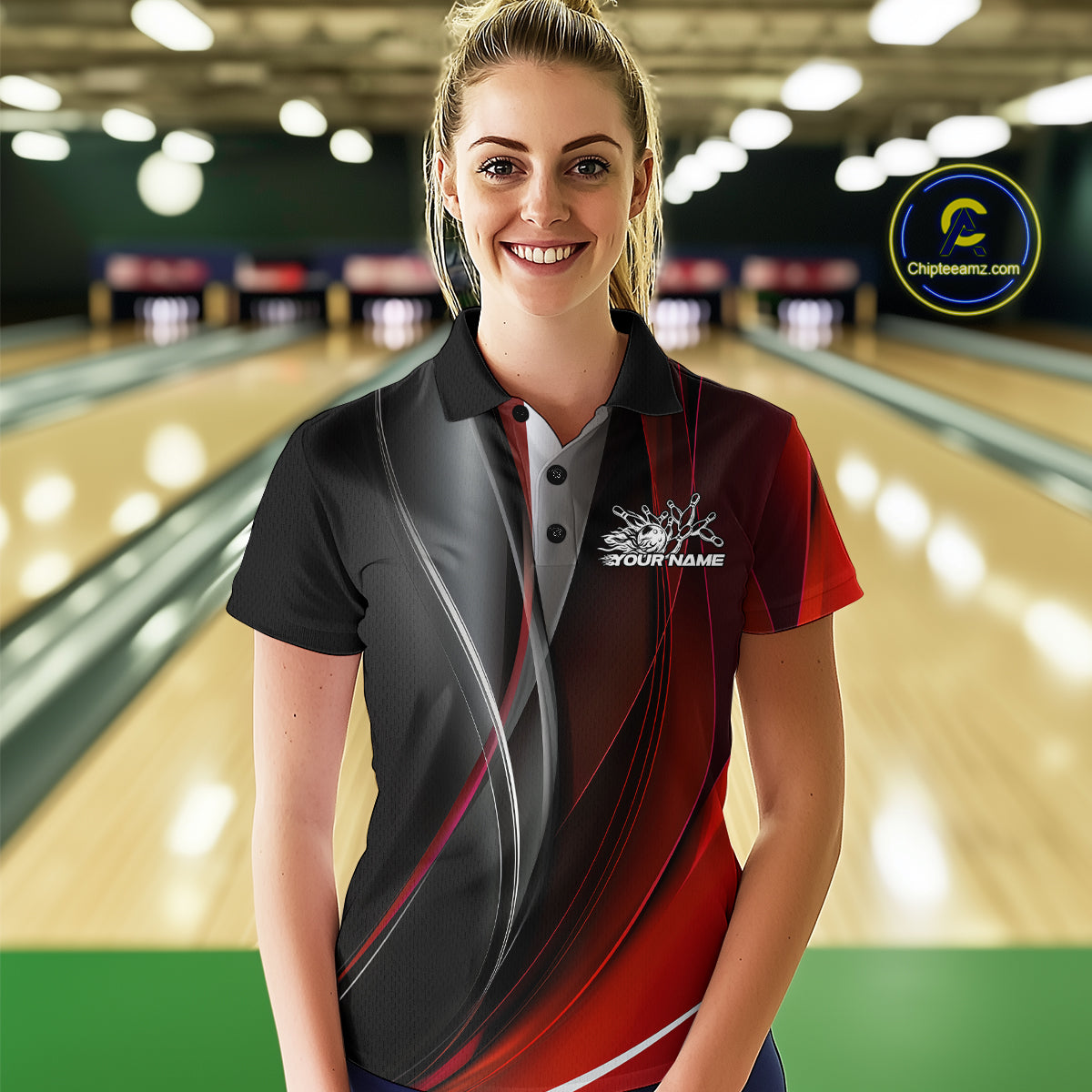 Custom Black And Red Dragon Bowling Polo Shirts For Women, Dragon Bowling Jersey IPHW9342