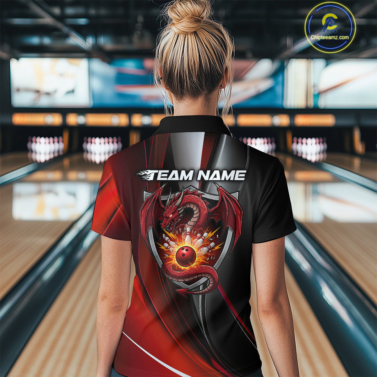 Custom Black And Red Dragon Bowling Polo Shirts For Women, Dragon Bowling Jersey IPHW9342