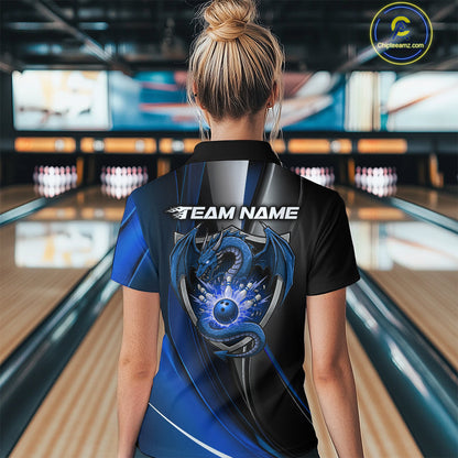 Custom Black And Blue Dragon Bowling Quarter-Zip Shirts For Women, Dragon Bowling Jersey IPHW9343