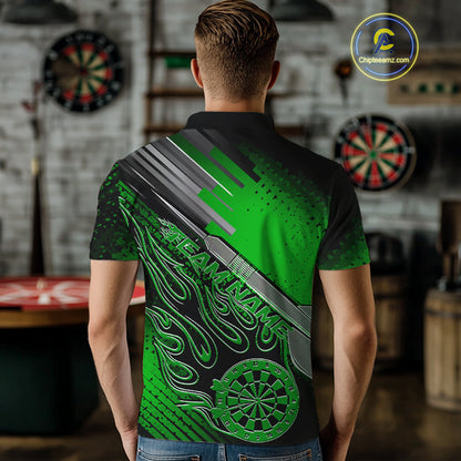 Custom Black And Irish Green Flame Dartboard Dart Polo Shirts For Men, Dart Uniform IPHW9686