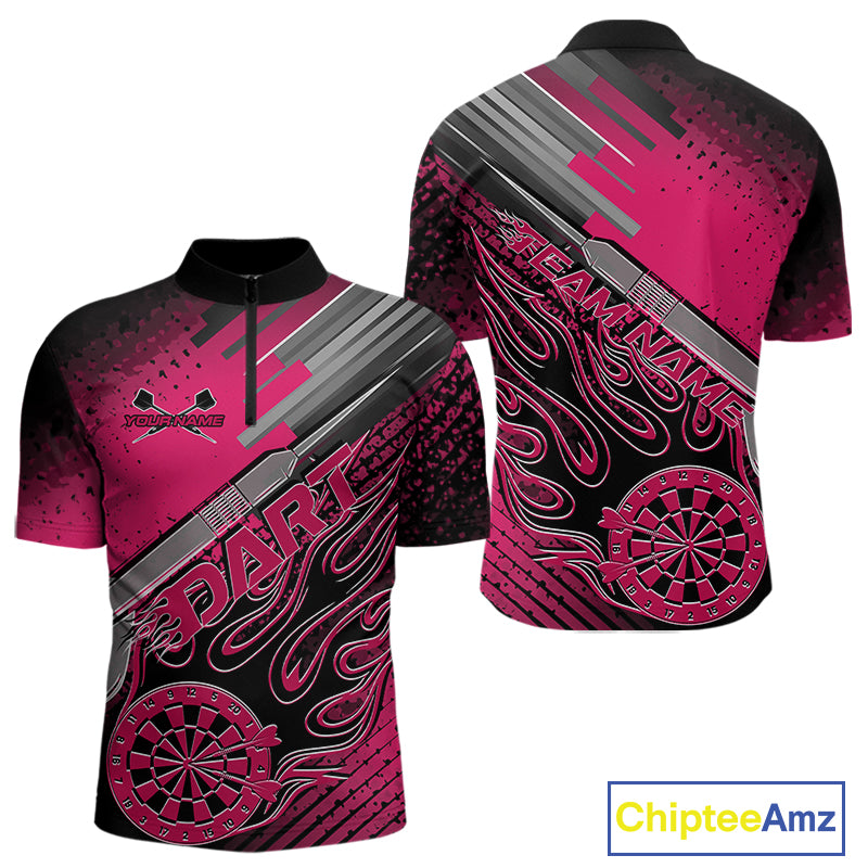 Custom Black And Pink Flame Dartboard Dart Quarter-Zip Shirts For Men, Dart Uniform IPHW9687