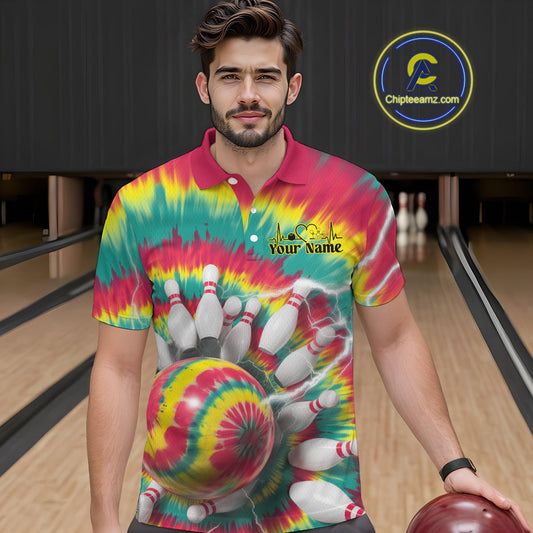 Custom Colorful Tie Dye Bowling Polo Shirts For Men, Rainbow Bowling Outfit IPHW9116