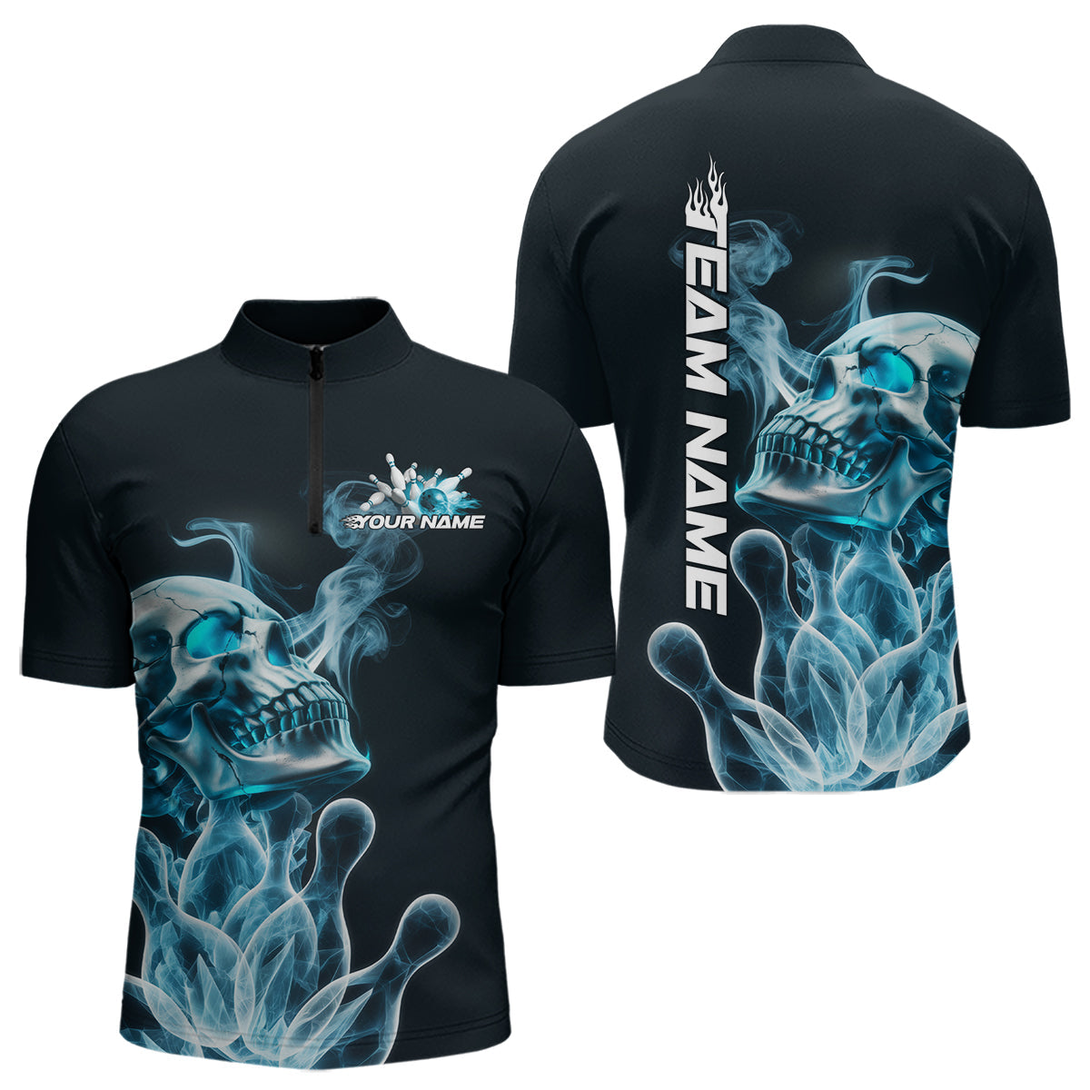 Custom Blue Flame Smoke Skull Bowling Quarter-Zip Shirts For Men, Halloween Bowling Outfit IPHW9494