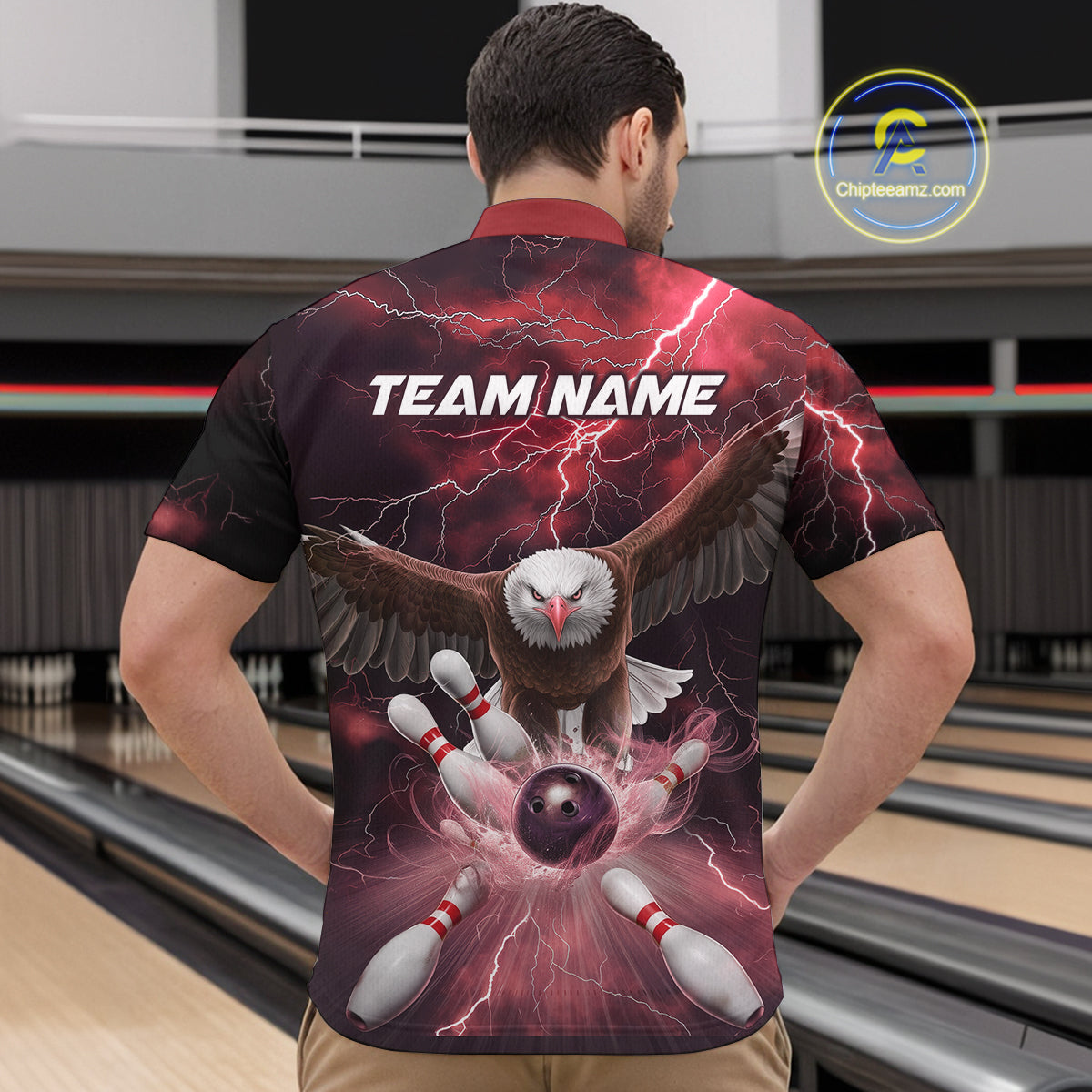 Custom Red Thunder Lightning Eagle Bowling Quarter-Zip Shirts For Men, Eagle Bowling Jerseys IPHW9366