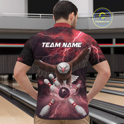 Custom Red Thunder Lightning Eagle Bowling Quarter-Zip Shirts For Men, Eagle Bowling Jerseys IPHW9366
