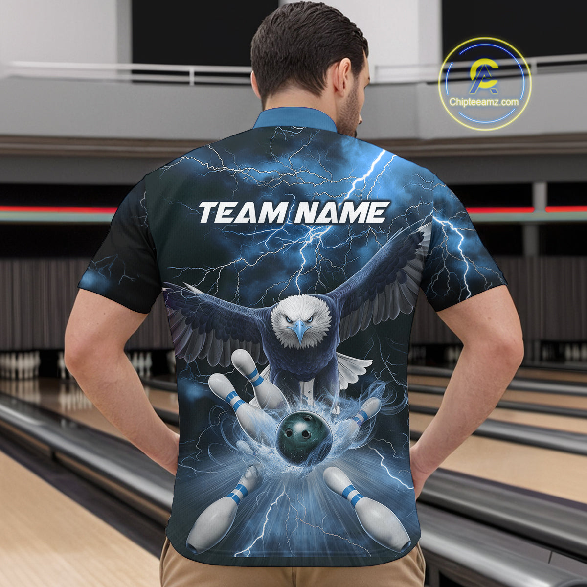 Custom Blue Thunder Lightning Eagle Bowling Quarter-Zip Shirts For Men, Eagle Bowling Jerseys IPHW9367