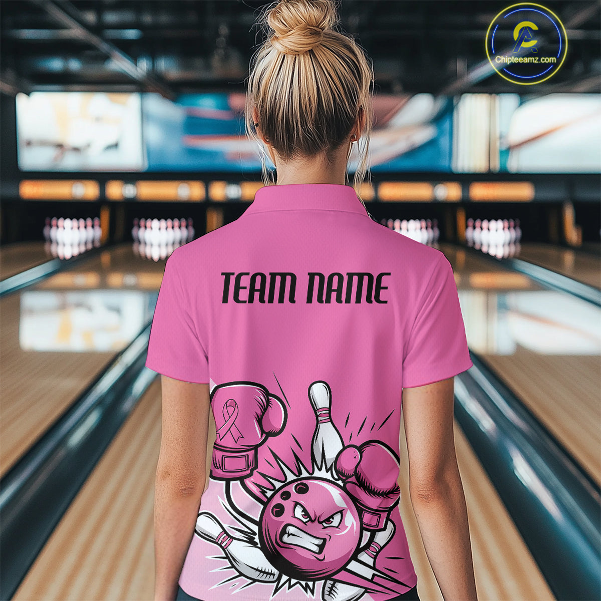 Custom Funny Pink Breast Cancer Bowling Women Polo Shirt, Breast Cancer Fighter Jerseys IPHW9395