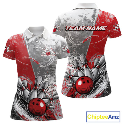 Custom Grunge Red Bowling Polo Shirts For Women, Distressed Vintage Bowling Team Shirts IPHW9550