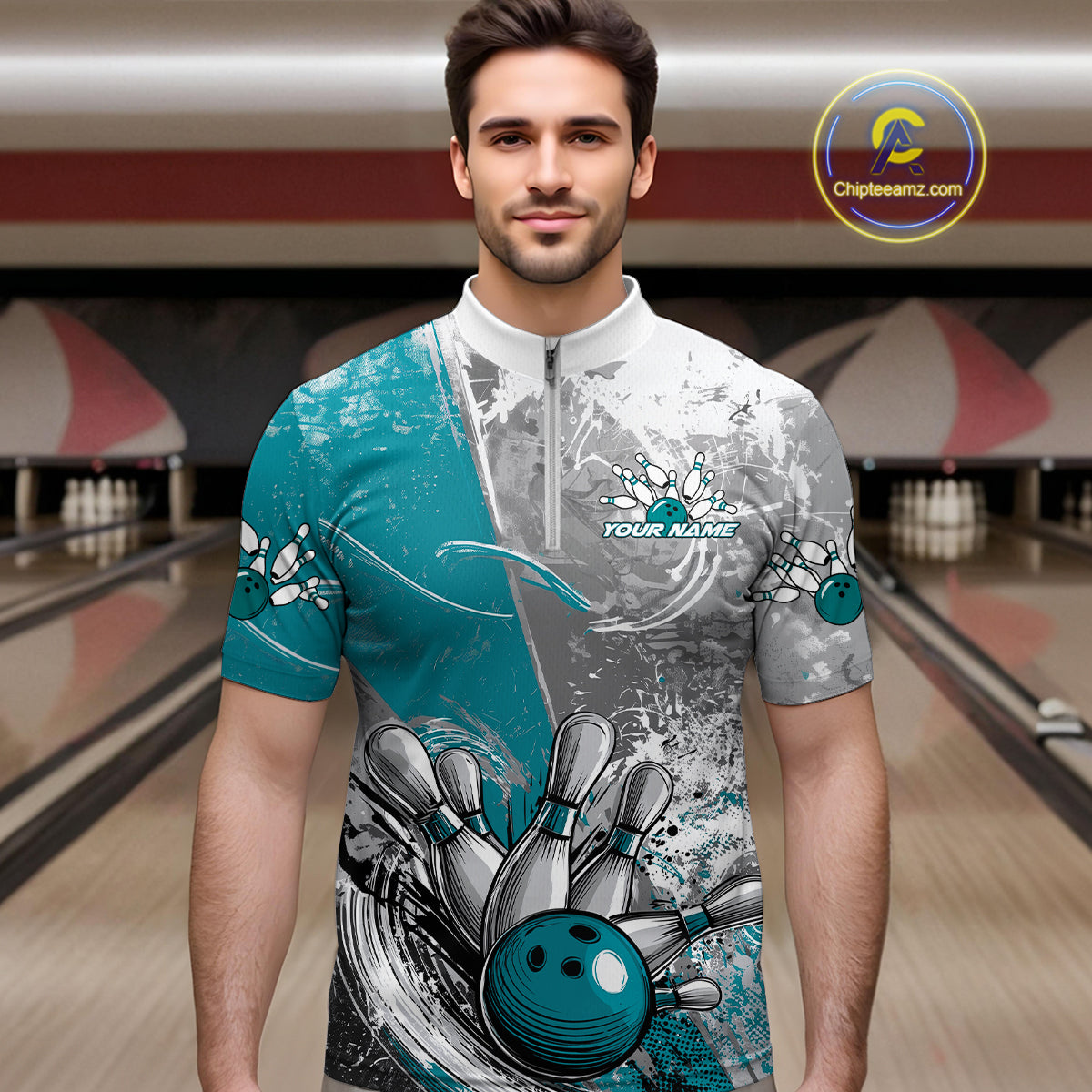 Custom Grunge Blue Bowling Quarter-Zip Shirts For Men, Distressed Vintage Bowling Team Shirts IPHW9551