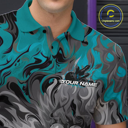 Custom Blue Fame Bowling Team Polo Shirts For Men, Fire Bowling Jerseys IPHW9560