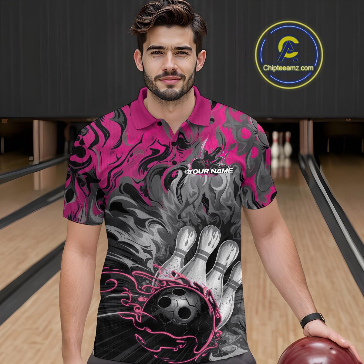 Custom Pink Flame Bowling Team Polo Shirts For Men, Fire Bowling Jerseys IPHW9561
